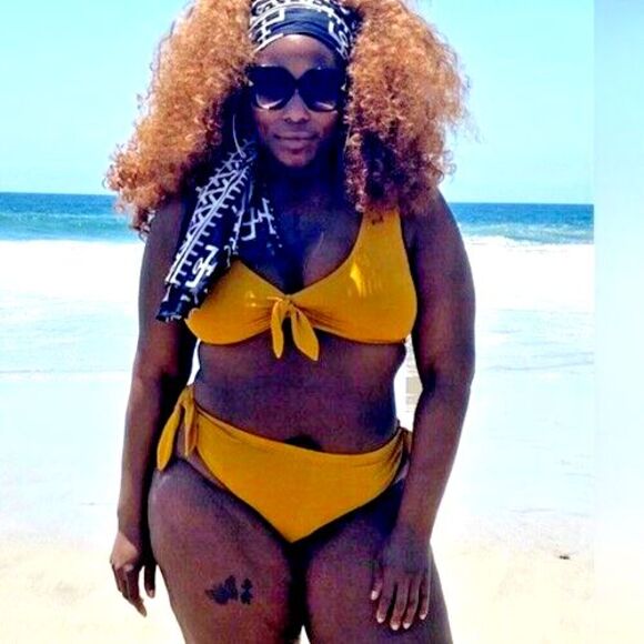 NWT Soncy Bikini Two Piece Swimsuit Tie Detail Ribbed Mustard Yellow Curvy Sz 12 - Picture 14 of 14